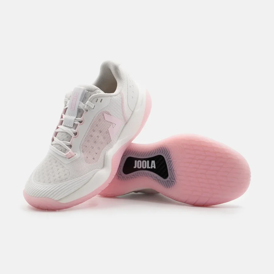 Giày pickleball JOOLA R4LLy nữ màu trắng hồng White/Light Pink đặt nghiêng lộ đế
